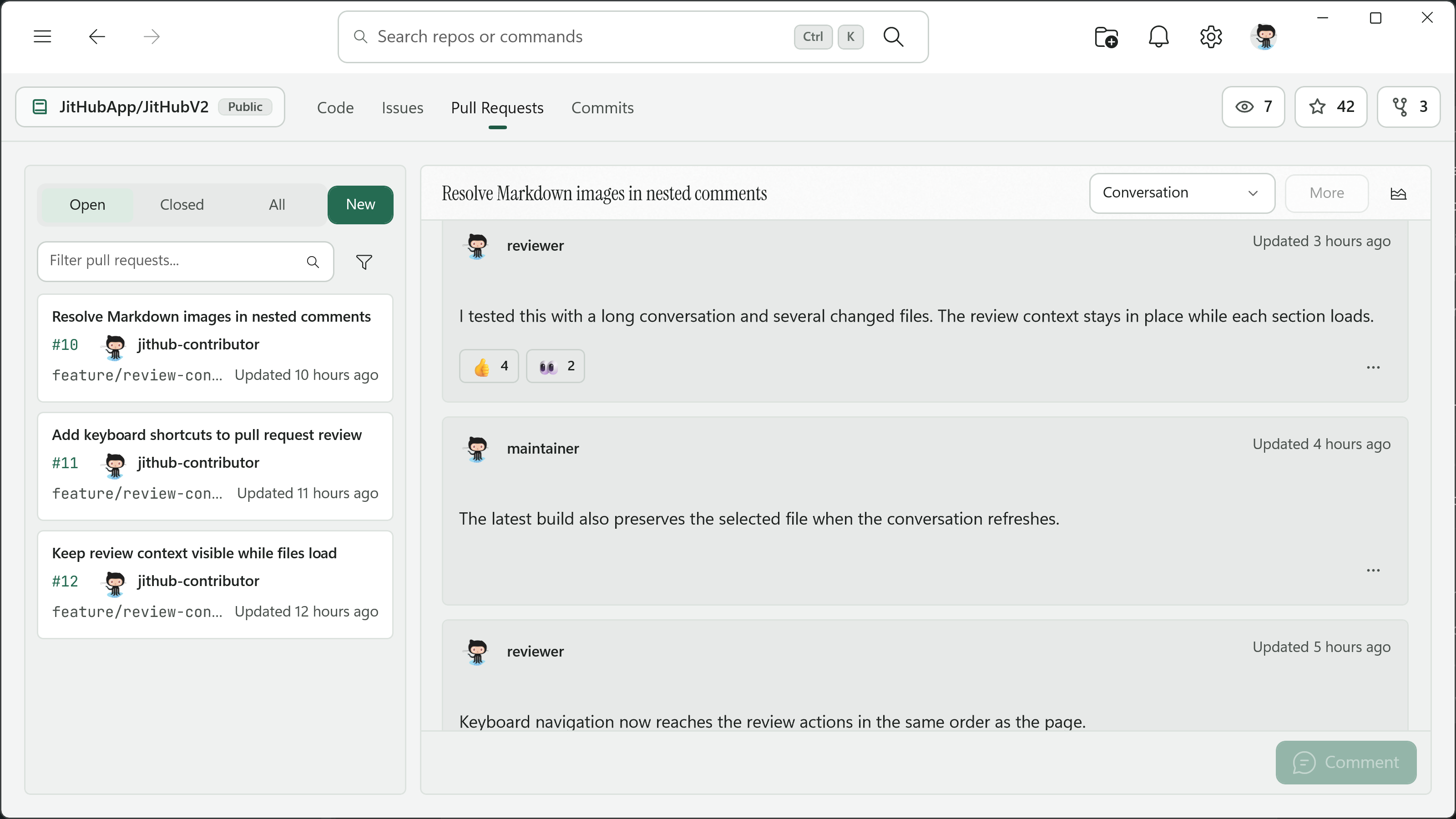 A JitHub pull request conversation with navigation, Markdown, reactions, comments, and review actions.